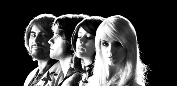 A black and white photo of ABBA tribute act Planet ABBA.