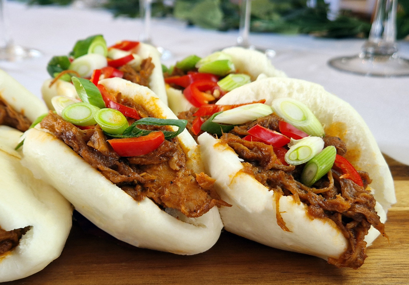 Pulled pork bao bun canapés.