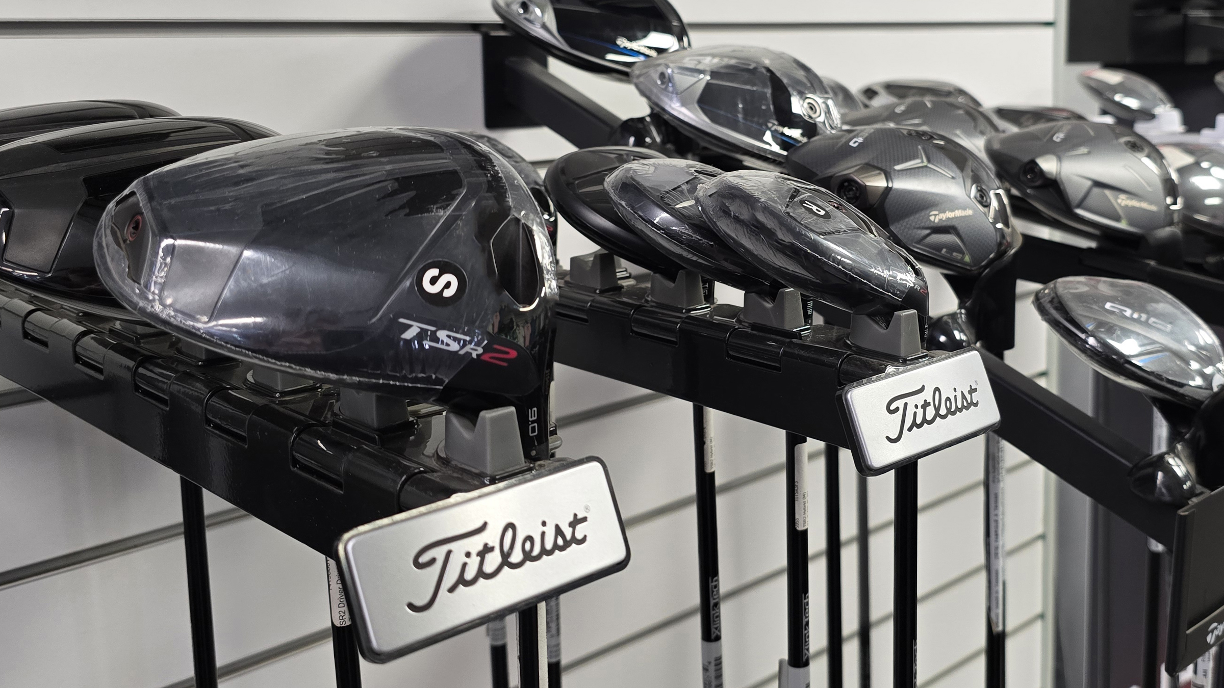 A view of some Titlelist golf clubs on display in The Manor's golf shop.