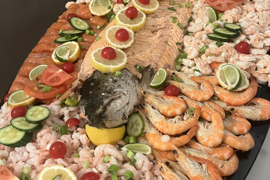 Seafood platter at the Manor Leeds, Freshly Poached Salmon, Ocean Royal Prawns, Crayfish Tails, White Devonshire Crab Meat, Scottish Smoked Salmon, Smoked Halibut, King Prawns, and Crevettes